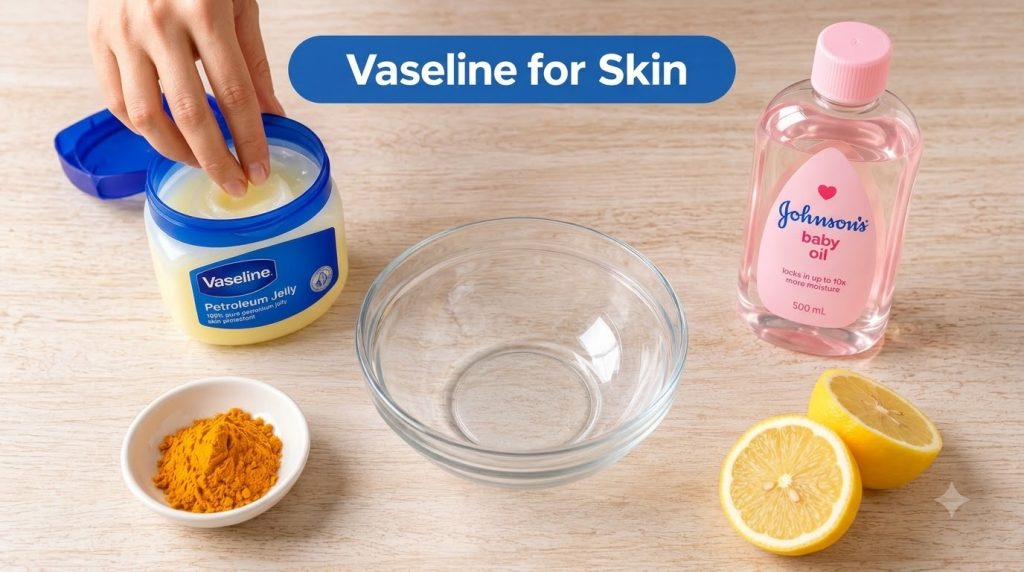 A flat lay composition showing an open jar of Vaseline a bottle of baby oil a bowl of turmeric powder and cut lemons on 