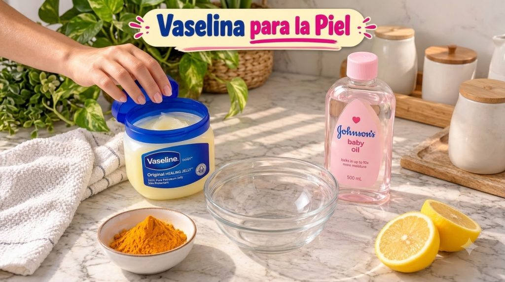 Ingredientes para la mascarilla casera un frasco de vaselina abierto un tazón con polvo de cúrcuma y un limón cortado po