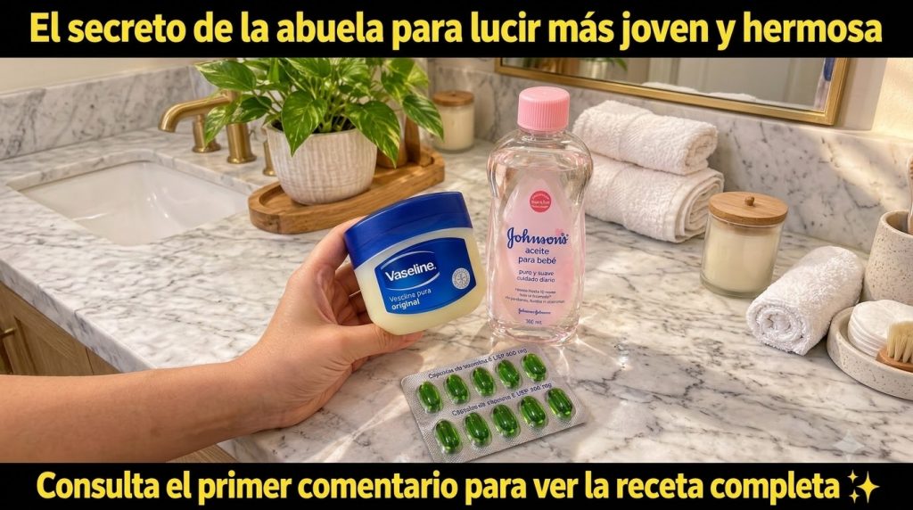 Una mano sostiene un tarro de vaselina una botella de aceite de bebé Johnson s y un paquete de cápsulas de vitamina E ve