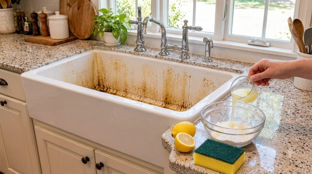 A hand pouring lemon juice into a clear bowl containing white powder baking soda on a granite countertop with whole and 