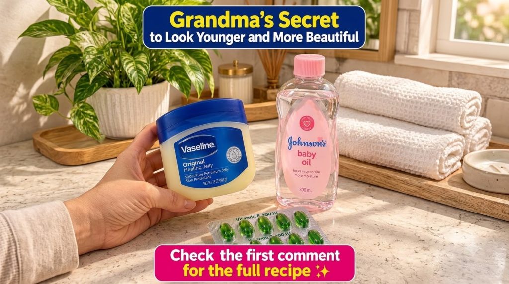 A hand holding a tub of Vaseline a bottle of Vitamin E capsules and a fresh lime on a bathroom countertop