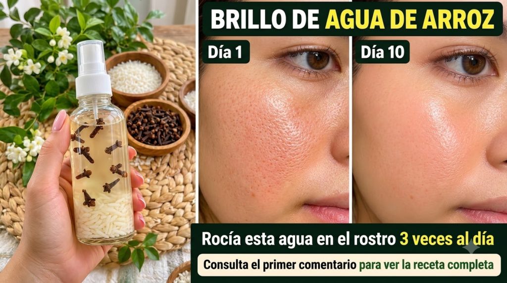 A split-screen showing a hand holding a spray bottle with rice water and cloves on one side and Day 1 and Day 10 facial 