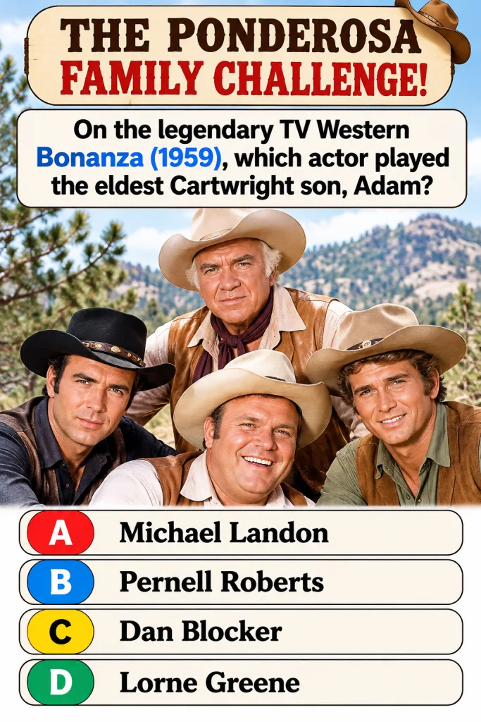 Four male actors from the TV Western Bonanza in a promotional shot wearing cowboy hats and vests with a backdrop of spar
