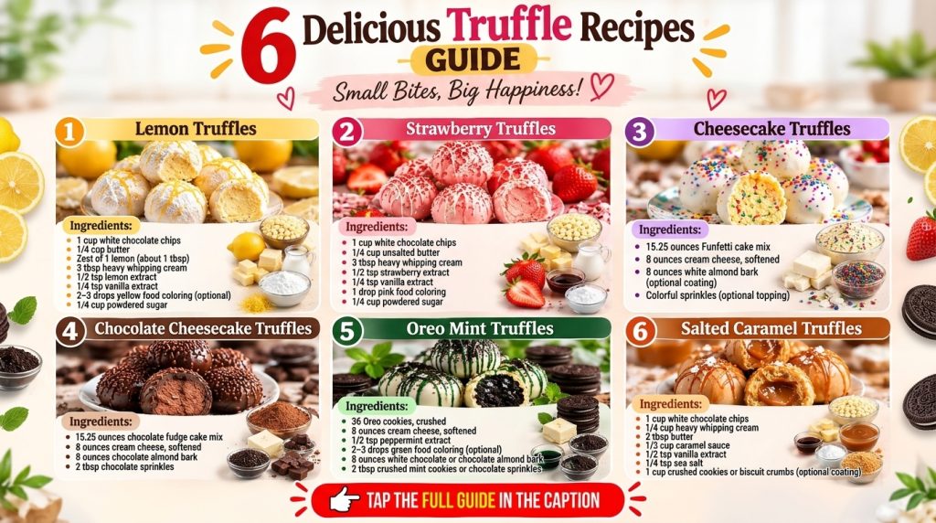 An infographic displaying six distinct truffle recipes Lemon Strawberry Cheesecake Chocolate Cheesecake Oreo Mint and Sa