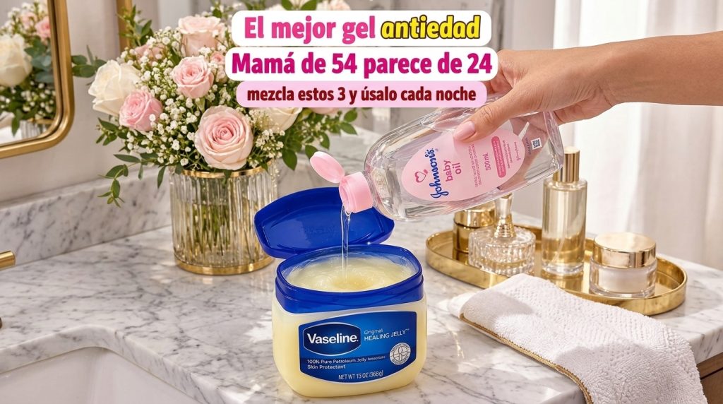 A hand pouring baby oil into a small tub of Vaseline on a marble counter In the soft-focus background there s a vase of 
