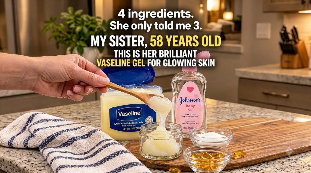 A hand scooping Vaseline from a large tub into a smaller glass jar on a wooden board surrounded by a bottle of baby oil 
