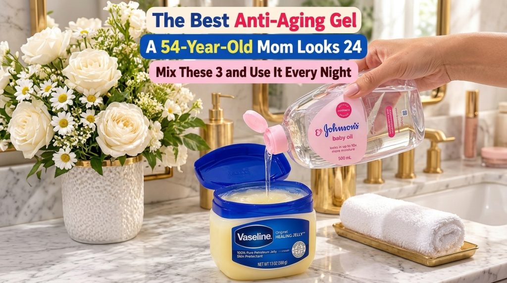 A hand pouring Johnson s baby oil from a bottle into a tub of Vaseline Original Healing Jelly with a blurred background 