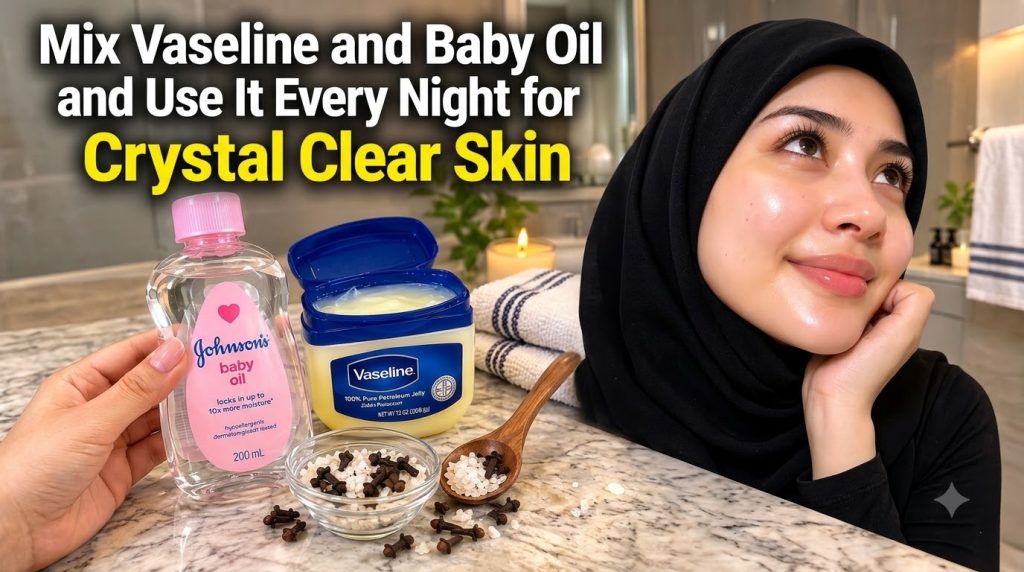 A two-panel image showing a smiling woman with clear radiant skin in the top panel and skincare ingredients like Johnson