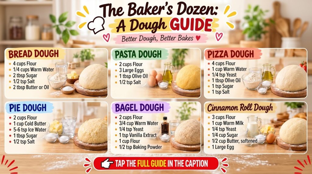 A baking infographic titled The Baker s Dozen A Dough Guide showcasing six different dough types Bread Pasta Pizza Pie B