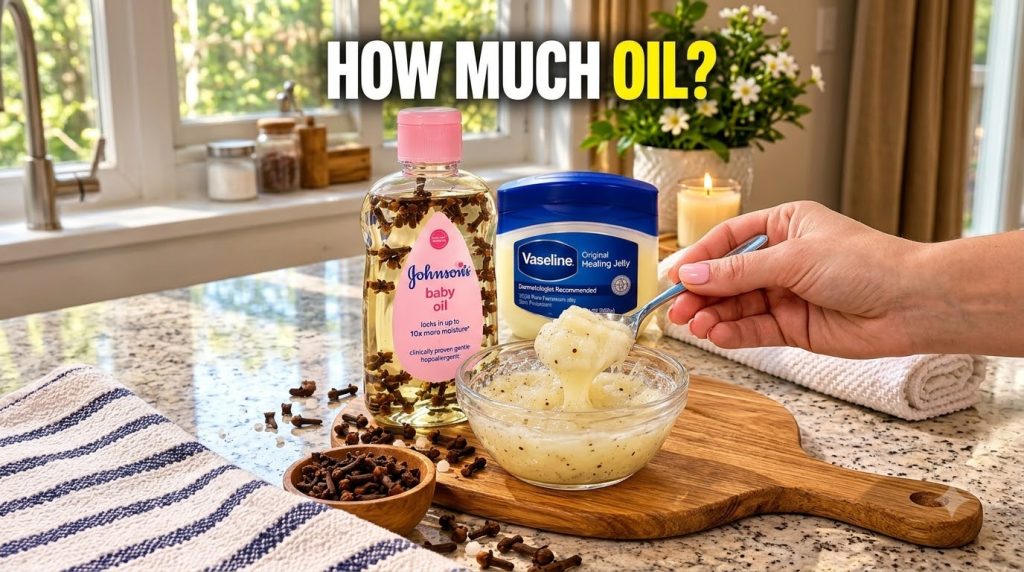 A home remedy setup with a bottle of Johnson s baby oil infused with cloves a jar of Vaseline and a glass bowl of a thic