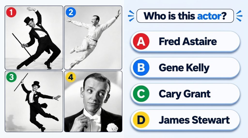 A four-panel black-and-white quiz graphic of Fred Astaire Two panels show him dancing in top hat and tails one mid-air a