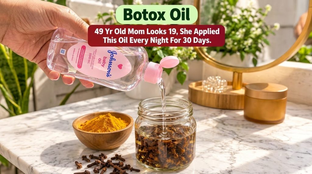A hand pouring Johnson s baby oil into a glass jar filled with cloves with a wooden bowl of turmeric powder on the side