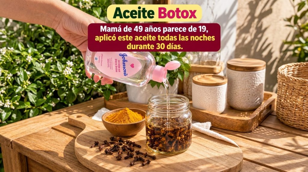 A hand pouring clear baby oil into a glass jar already containing oil and dried cloves next to a wooden bowl with turmer