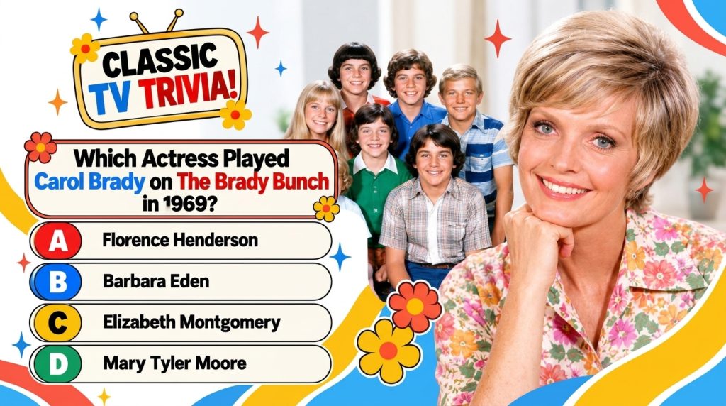 Florence Henderson as Carol Brady smiling warmly with the six Brady Bunch children blurred in the background The image i