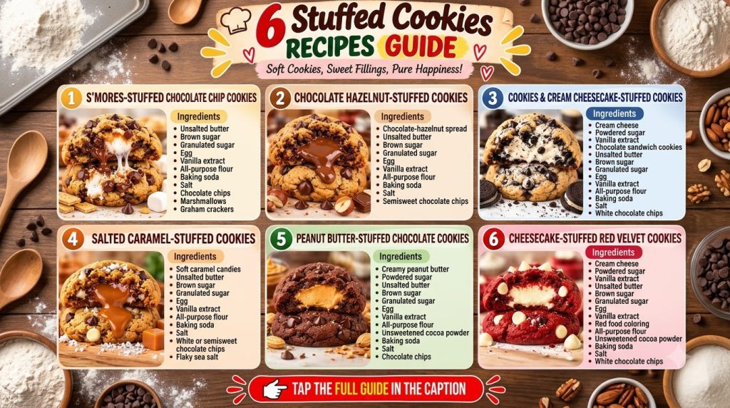 Six different types of stuffed cookies each with an enticing close-up photograph and a list of ingredients arranged in a