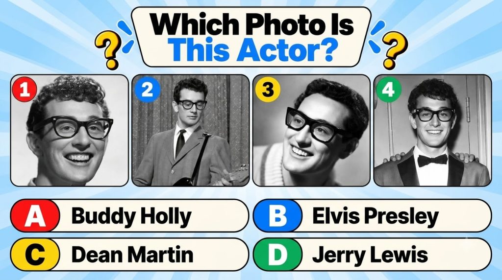 A retro-themed quiz graphic with four black and white photos of Buddy Holly with multiple-choice options below