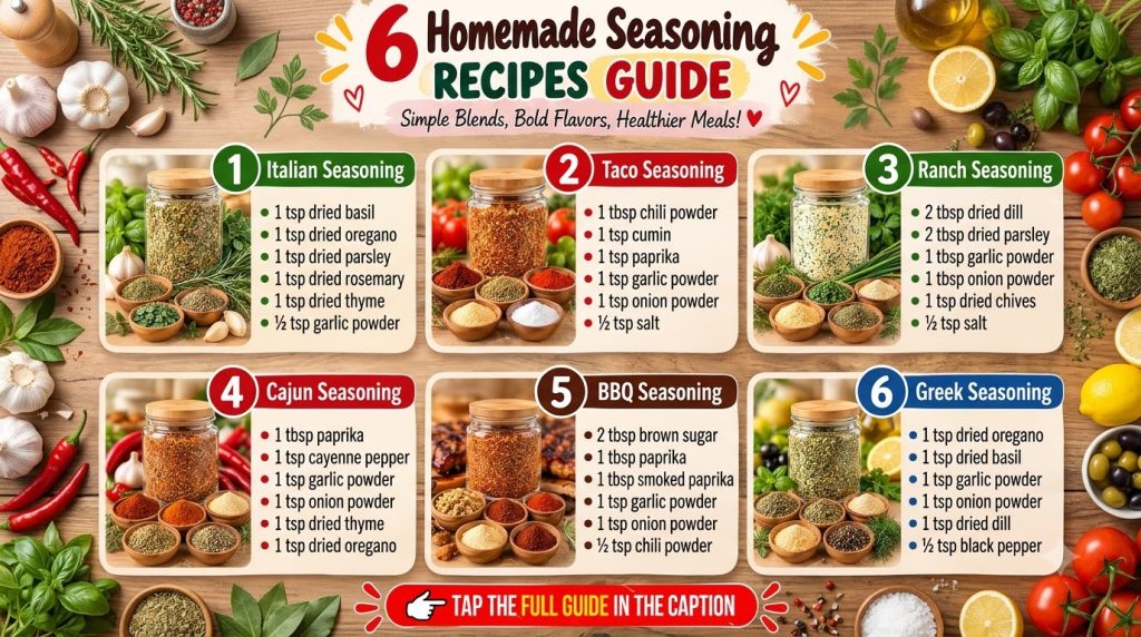 Six glass jars filled with homemade seasoning blends such as Italian Taco Ranch Cajun BBQ and Greek surrounded by indivi