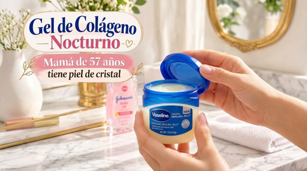 A pair of hands holding an open jar of Vaseline Original Healing Jelly In the soft-focus background a bottle of Johnson 
