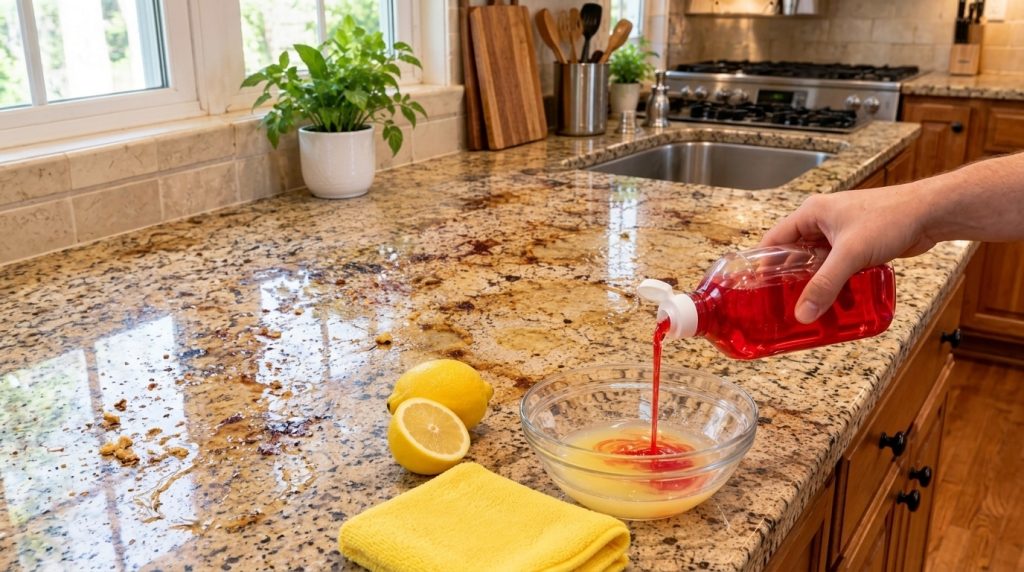 A hand pouring bright red dish soap into a glass bowl containing yellow liquid likely lemon juice with two fresh lemons 