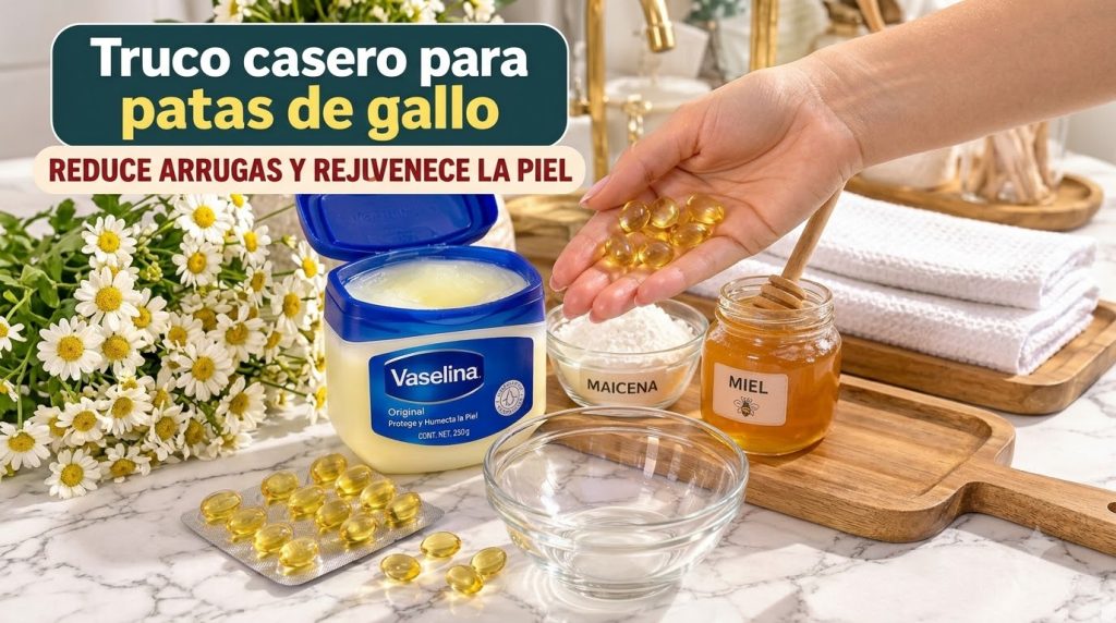 Una selección de ingredientes para una mascarilla facial casera incluyendo un frasco de vaselina abierta cuencos de maic