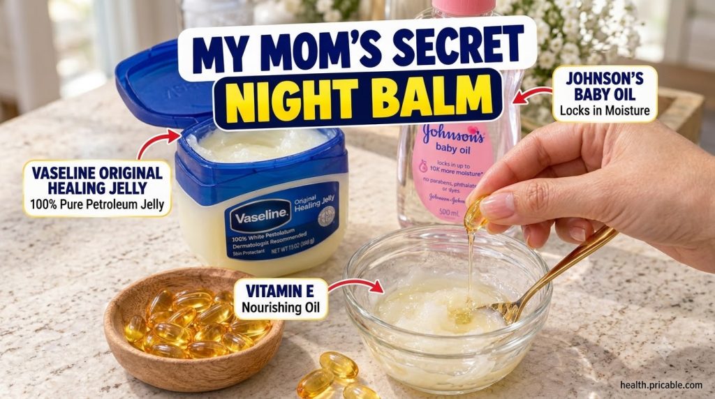A close-up shot of hands mixing Vaseline baby oil and vitamin E oil in a clear glass bowl with the original ingredient c