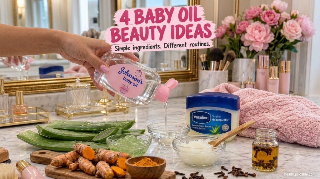 A hand pouring baby oil into a small glass bowl on a marble surface surrounded by aloe vera turmeric powder and a jar of