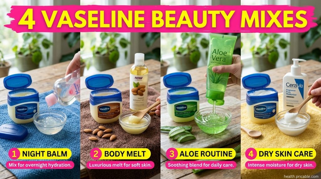 A four-panel grid showing different Vaseline beauty mixes being prepared with hands mixing ingredients in small bowls On