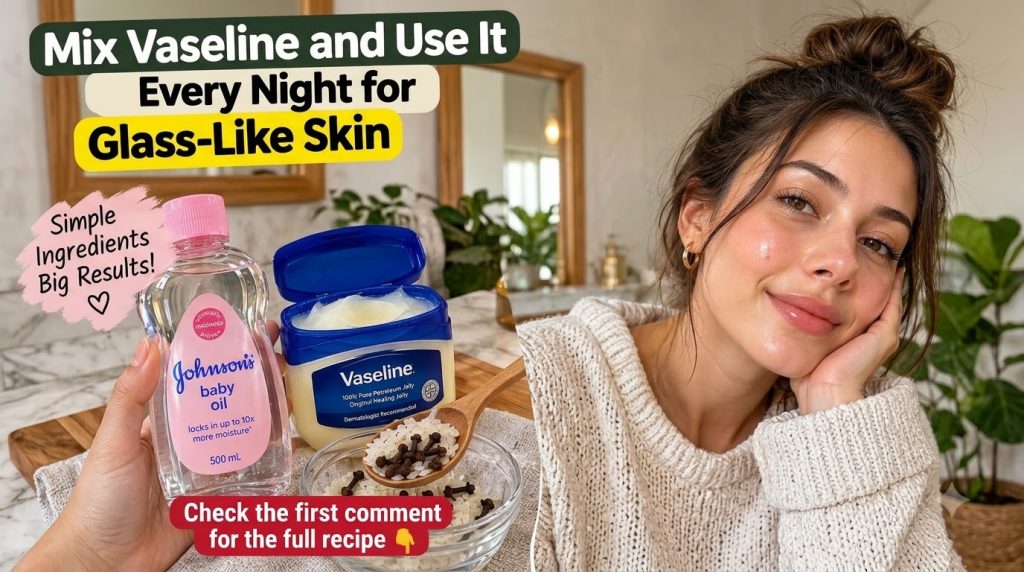 A woman with radiant dewy glass skin on one side and on the other a flat lay of Johnson s baby oil Vaseline white rice g