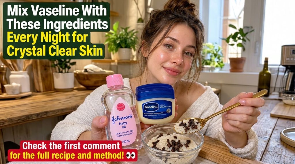 A smiling woman with clear dewy skin holding Johnson s baby oil and Vaseline In the foreground a bowl of rice mixed with
