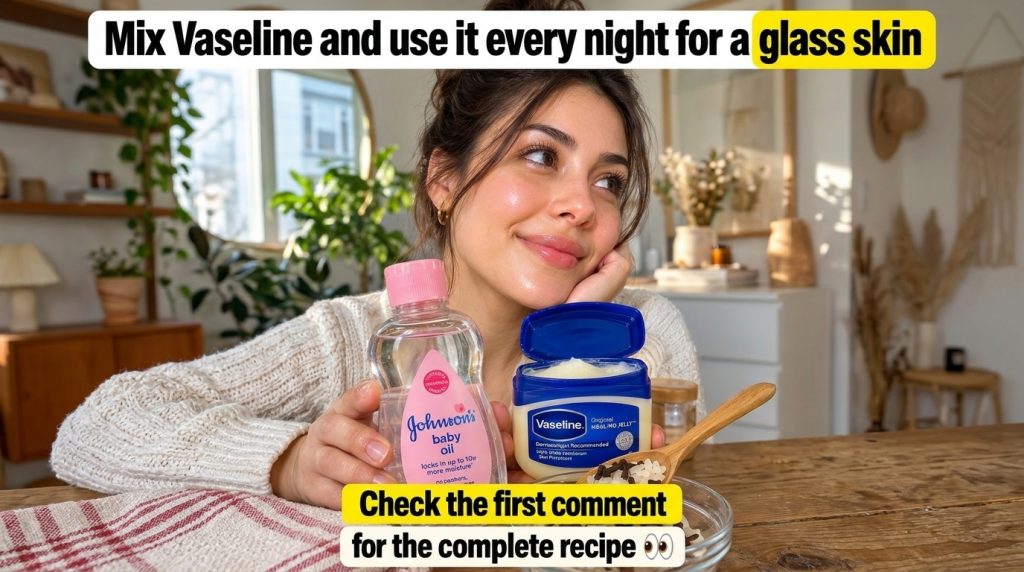 A woman with glowing glass skin holding a bottle of baby oil and a jar of Vaseline with a small bowl of rice and cloves