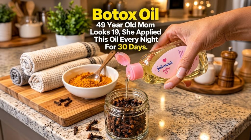 A hand pouring baby oil into a glass jar filled with cloves on a kitchen counter with scattered cloves and a bowl of tur