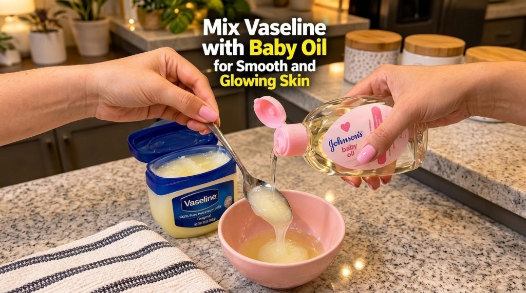 Hands mixing Vaseline and baby oil in a pink bowl with a spoon