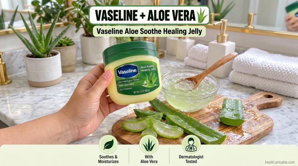 A hand holding a jar of Vaseline Aloe Soothe Healing Jelly next to fresh aloe vera leaves and a bowl of aloe vera gel on