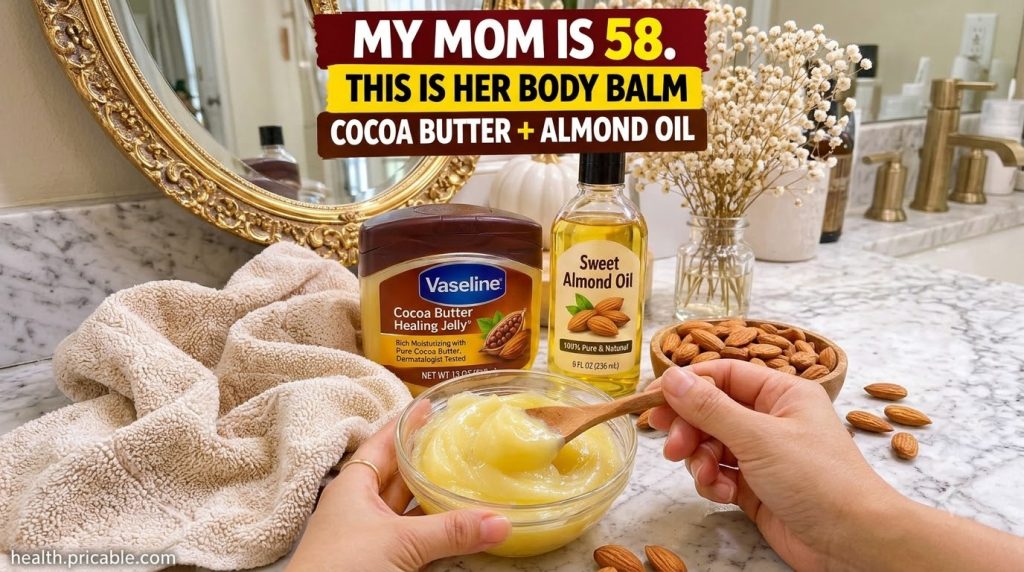 A close-up of a thick creamy yellow body balm in a glass bowl with a hand holding a small wooden spoon dipping into it I