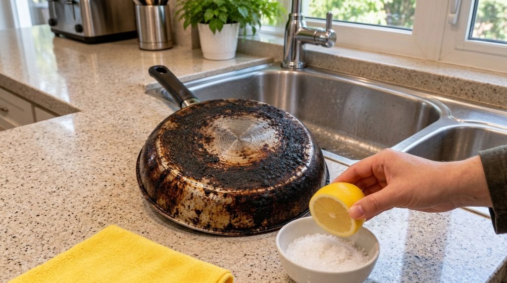A heavily soiled frying pan upside down on a kitchen counter next to a hand squeezing a lemon over a bowl of coarse salt