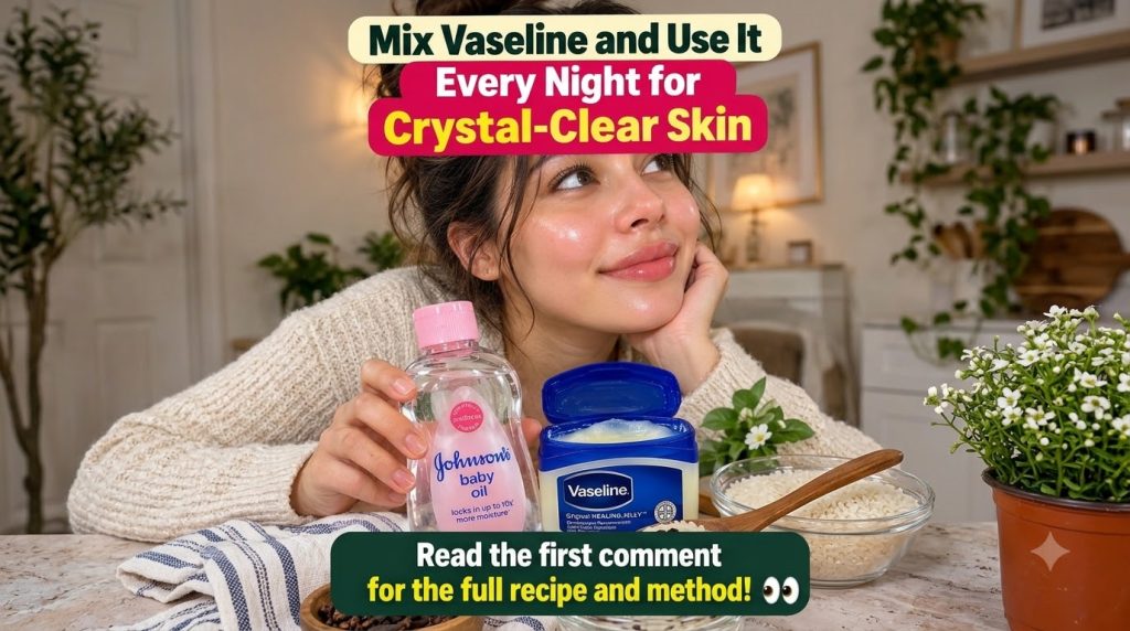 A young woman with glowing skin holding Johnson s Baby Oil and Vaseline with bowls of rice and cloves in the foreground