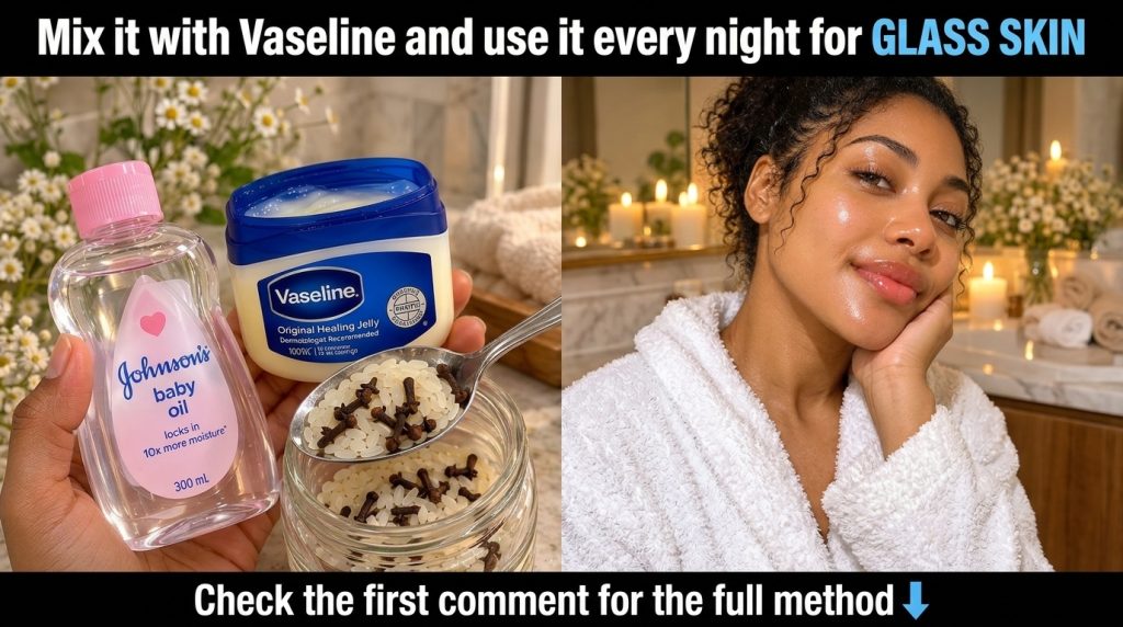 A vertical split image The top half shows a young woman with radiant dewy glass skin and curly hair gently smiling in a 