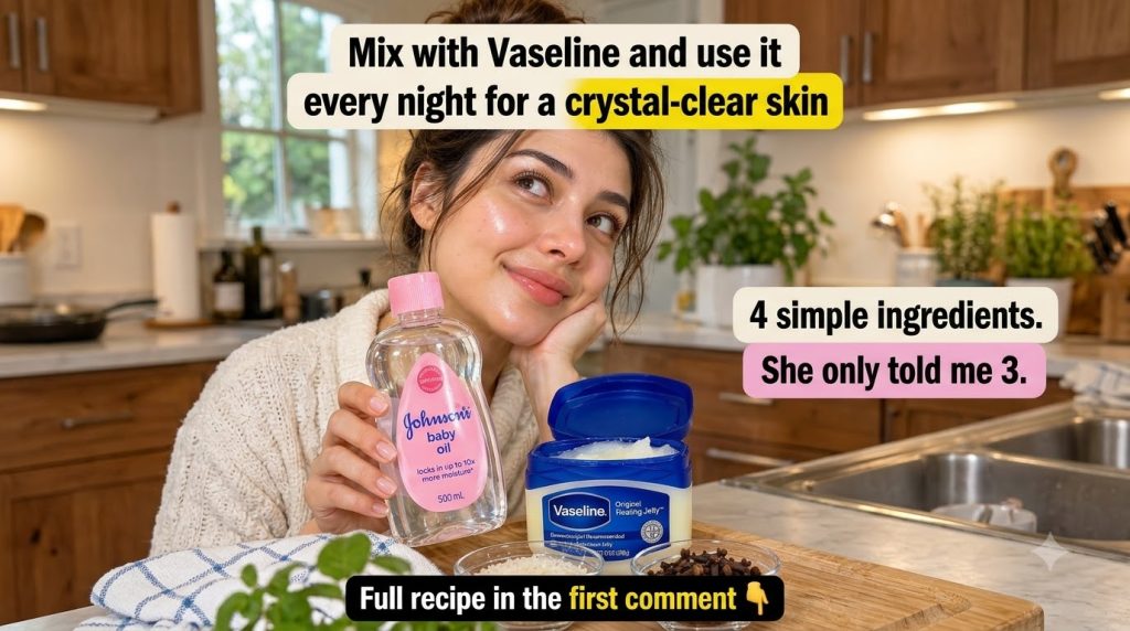 A smiling young woman holding a bottle of baby oil with a wooden tray in front of her displaying an open tub of Vaseline