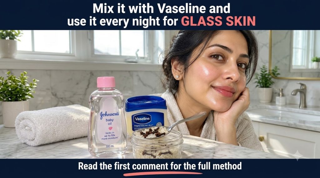 Split-screen image showing a woman with glowing glass skin on the top and on the bottom a bottle of Johnson s baby oil a