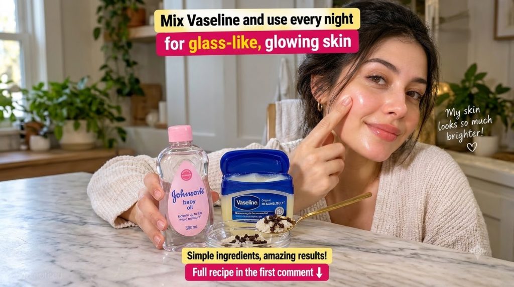 A woman with glowing glass-like skin subtly touching her cheek while smiling with a split view below showing Johnson s b