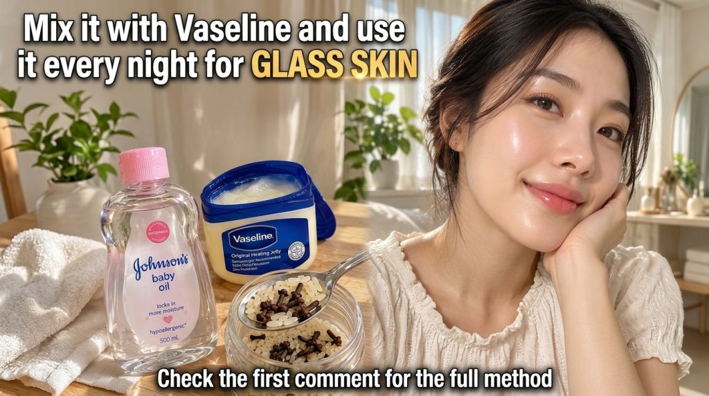 A close-up of a smiling woman with radiant glass skin and soft naturally styled hair alongside a display of key ingredie