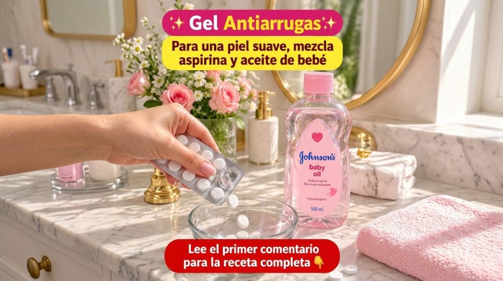 A hand dispensing white pills aspirin from a blister pack into a glass bowl next to a bottle of baby oil In the backgrou