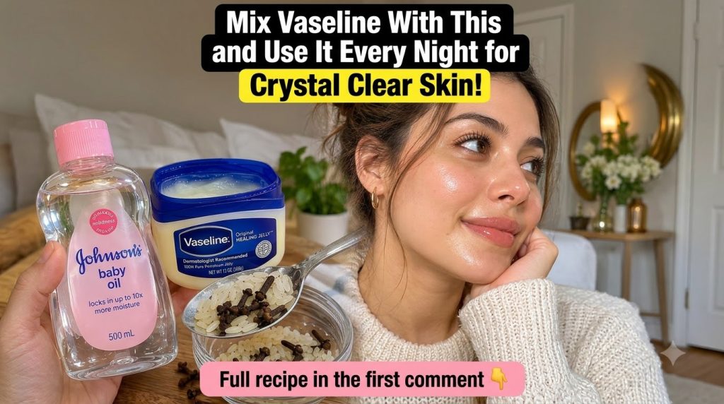 A split image showing a woman with radiant dewy skin on the top and hands holding ingredients for a DIY beauty recipe Jo