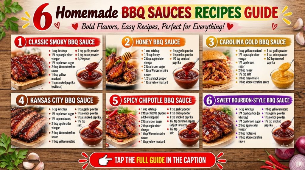 A vertical collage of six distinct homemade BBQ sauces each with a beautifully prepared dish ribs or chicken wings coate