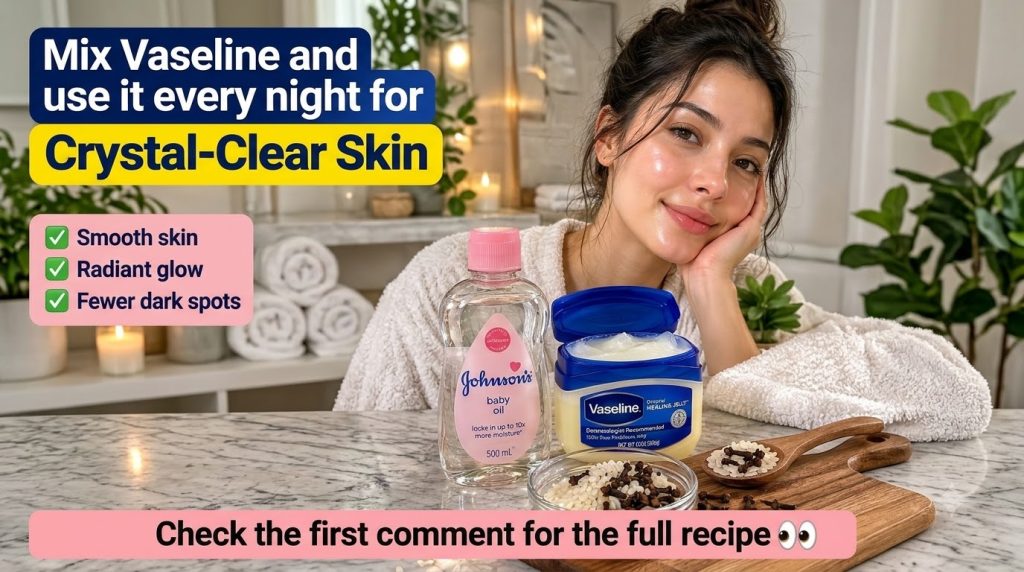 A woman with glowing dewy skin smiling with skincare products like Vaseline baby oil rice and cloves arranged below sugg