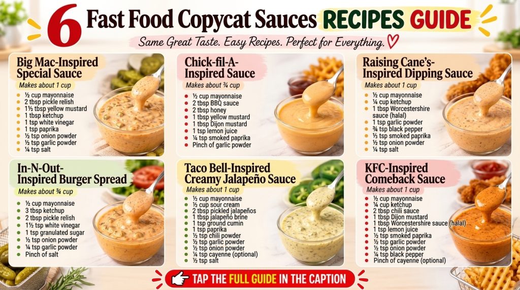 A grid layout showcasing six different homemade fast-food style dipping sauces each with its ingredients and a close-up 