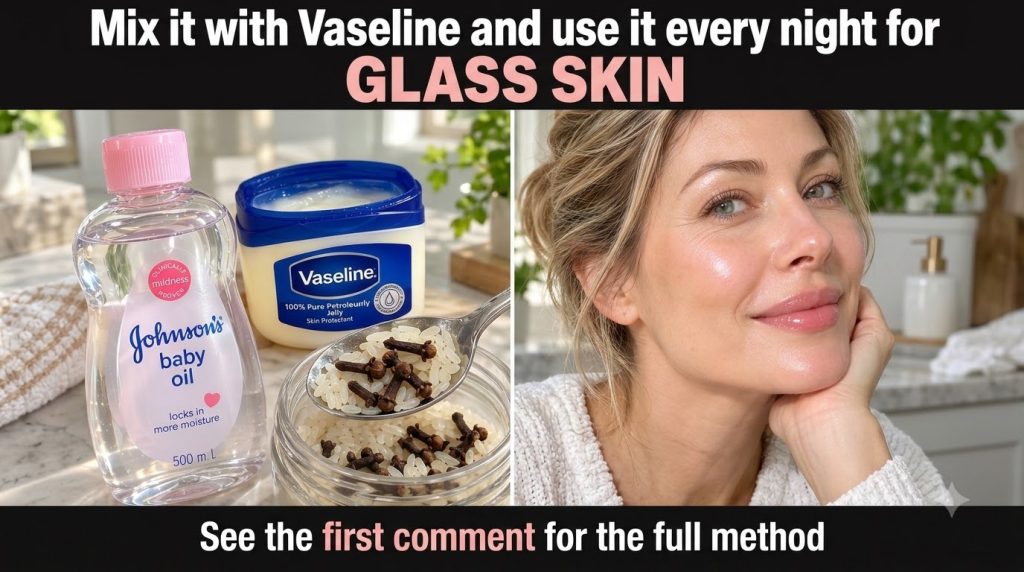 A split image showing a smiling woman with radiant glass-like skin in the upper half and the ingredients for a beauty ha