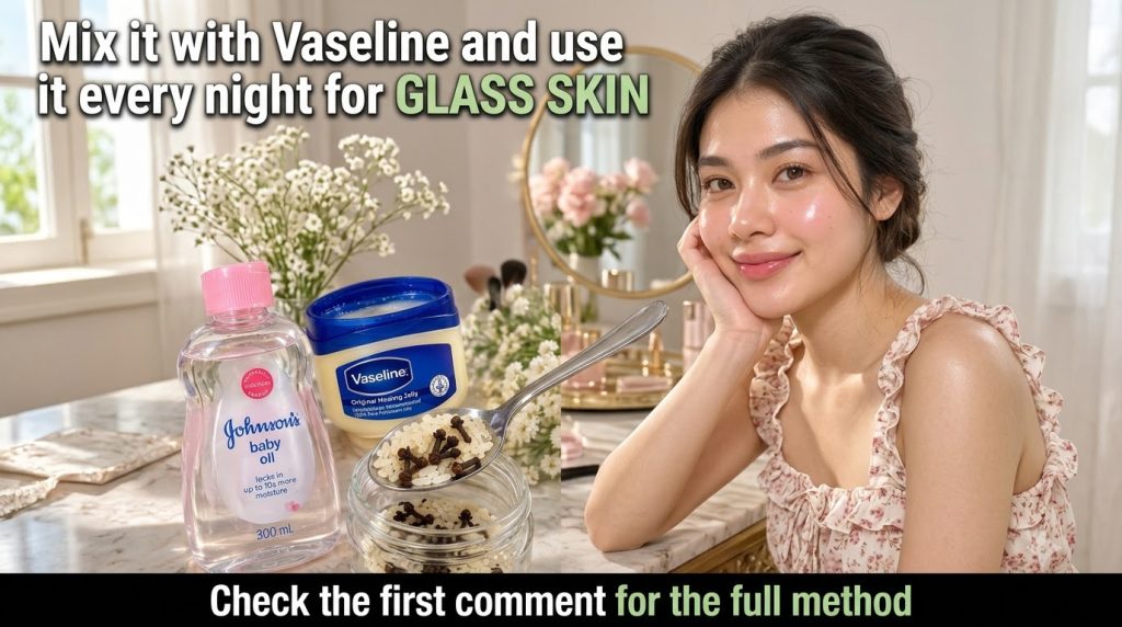 A split image showing a woman with radiant dewy skin on top and on the bottom a bottle of Johnson s baby oil a jar of Va