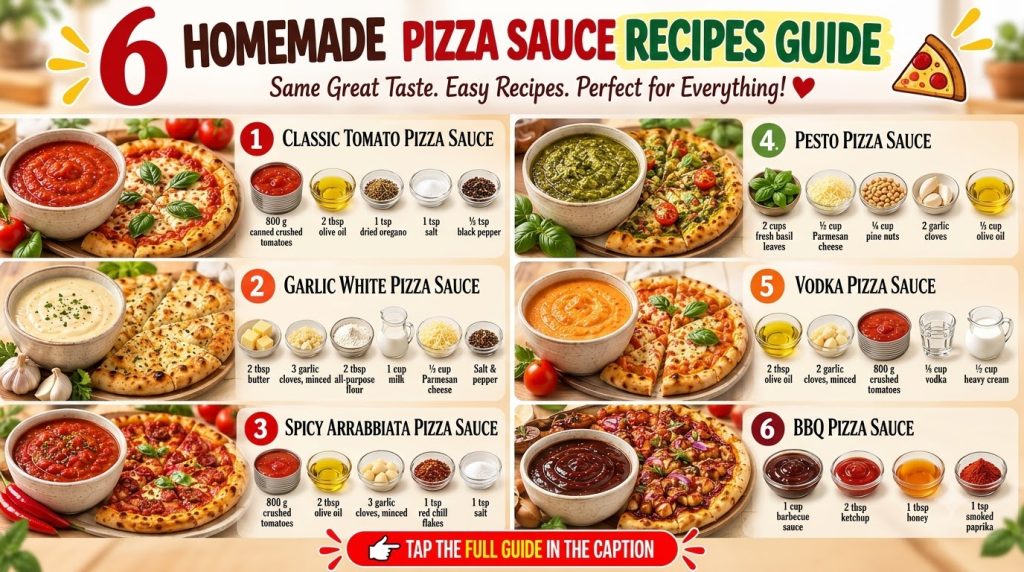 A top-down grid layout showing six different homemade pizza sauces each in a bowl next to a matching pizza and its raw i