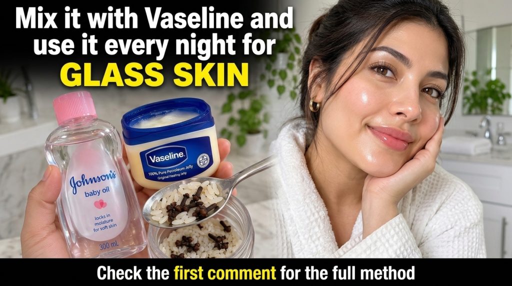 A split image showing a woman with glass skin on the top half and hands holding Vaseline baby oil and a spoon with rice 